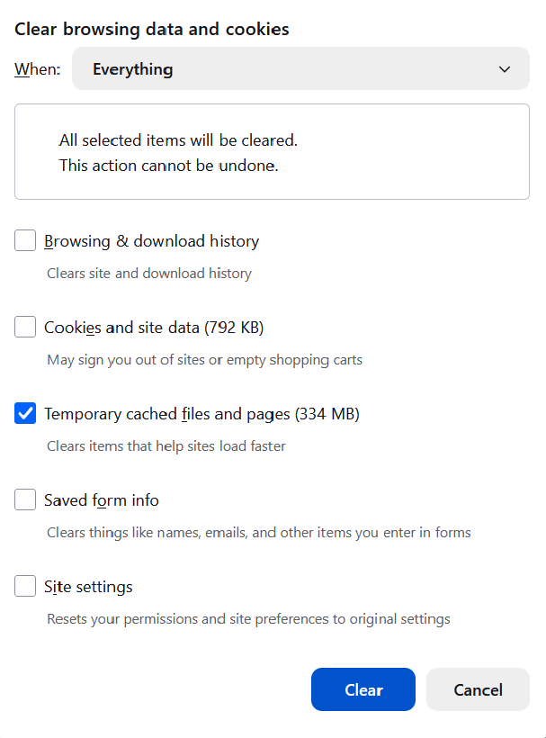 Clear Recent History dialog with Temporary cached files and pages selected.