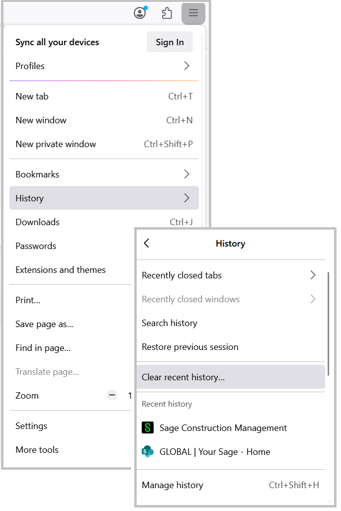 Firefox History menu with Clear Recent History selected.