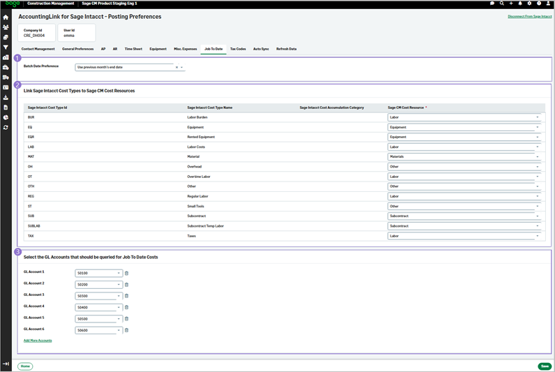 The details to set up in the Job to Date tab.