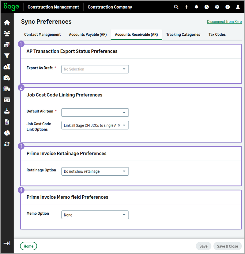 The Accounts Receivable sync preferences.