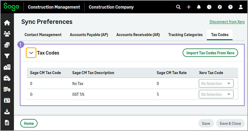 The Tax Codes sync preferences.