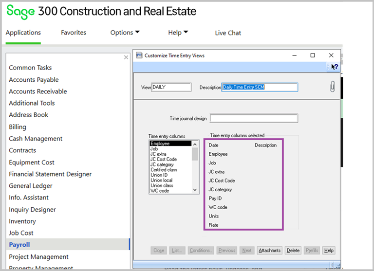 The columns to export in Sage 300 CRE.