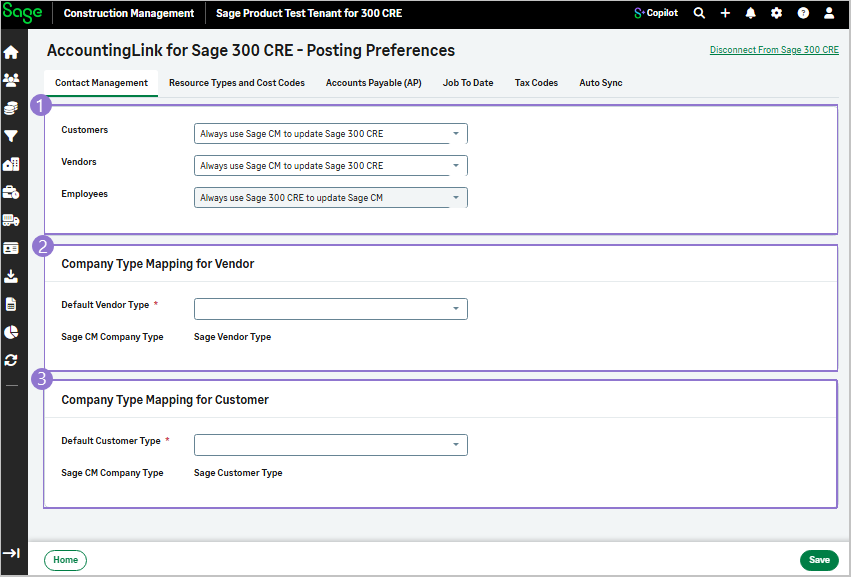 Contact Management tab options for customers, vendors, and employees.