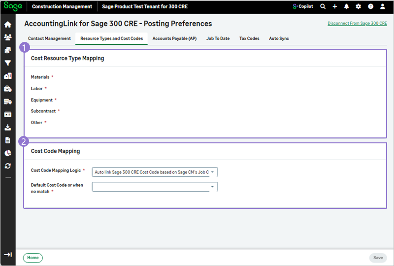 The posting preferences for resource types and cost codes.