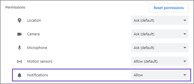 Site settings screen in Chrome. Under Permissions, the Notifications field is set to Allow. 