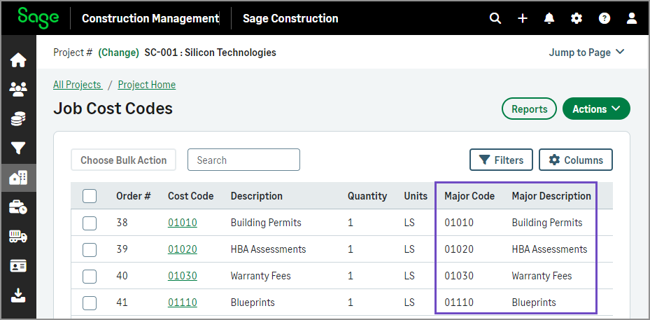 Job cost codes list showing Major code and Major description columns.