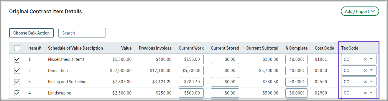 The item details section of the Invoice details screen. The tax codes are shown for each line item. 