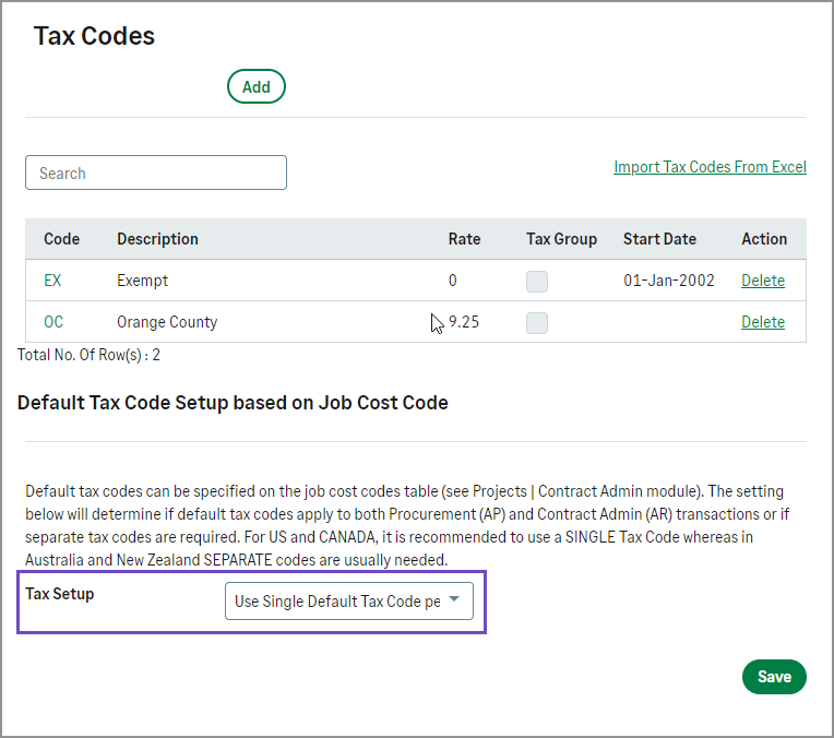 Tax codes screen with Use single default tax code per job cost code option selected in the Tax setup field.