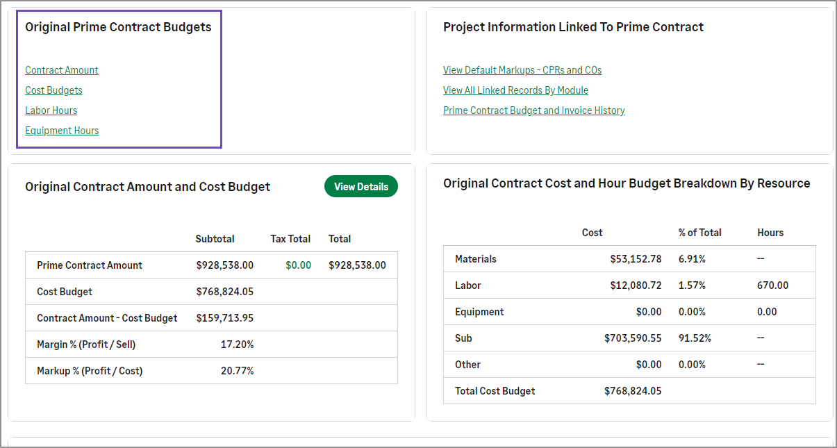 Prime contracts screen with the Original prime contract budgets section circled.