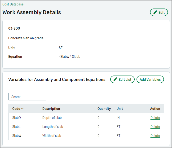 Work assembly details page.