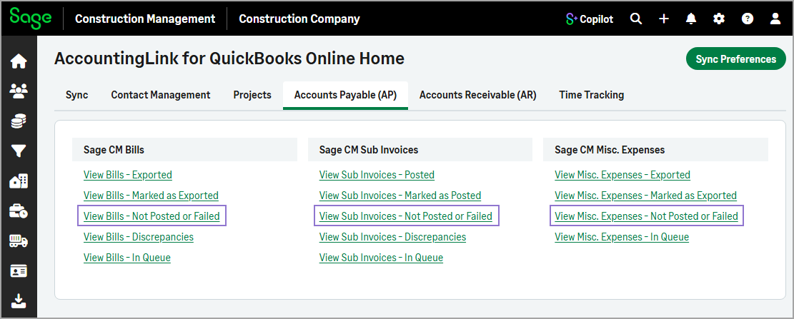 Links for viewing not posted or failed transactions appear in the Accounts Payable (AP) tab.