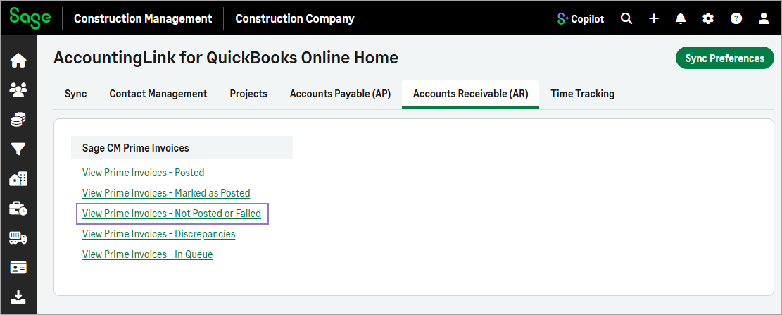 Links for viewing not posted or failed transactions appear in the Accounts Receivable (AR) tab.