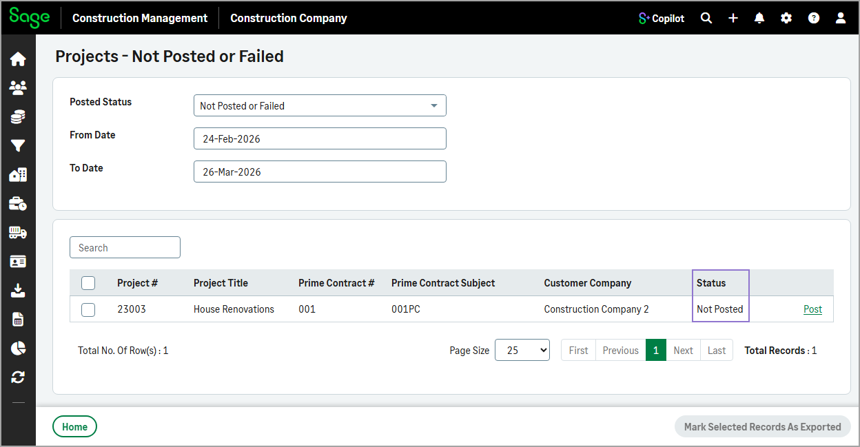 The Status column indicates whether a transaction is not yet posted or failed to post.