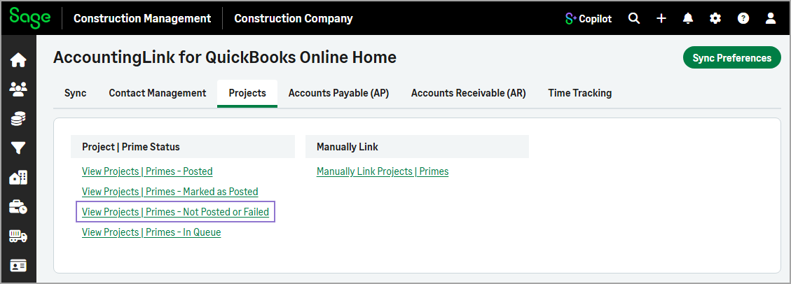 Links for viewing not posted or failed projects and prime contracts appear in the Projects tab.