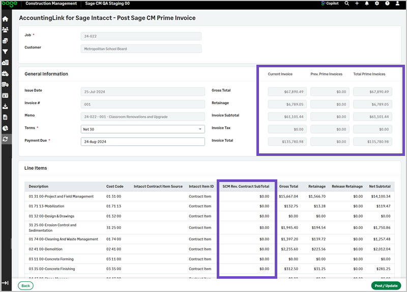 The new current invoice, previous and total invoices fields and the SCM Rev contract subtotal column. 