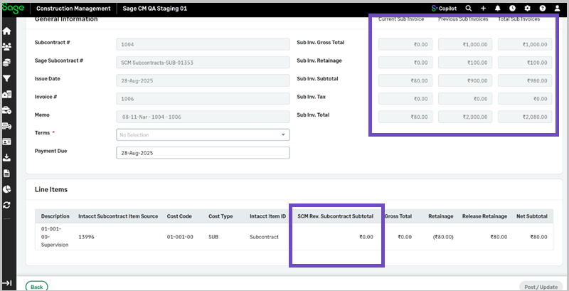 The new current invoice, previous and total invoices fields and the SCM Rev contract subtotal column. 