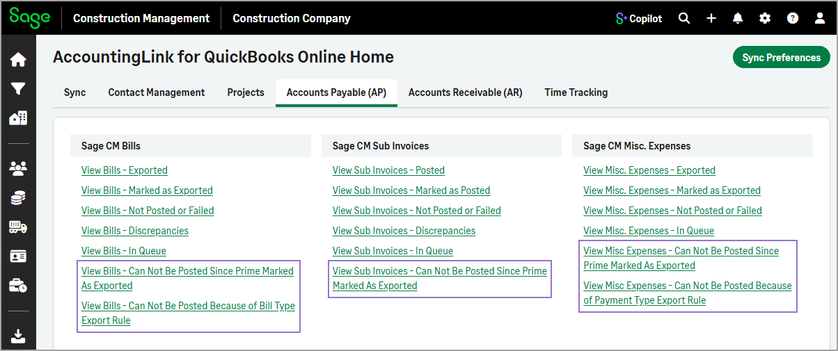 The Accounts Payable (AP) tab showing the links to view transactions that cannot be posted.