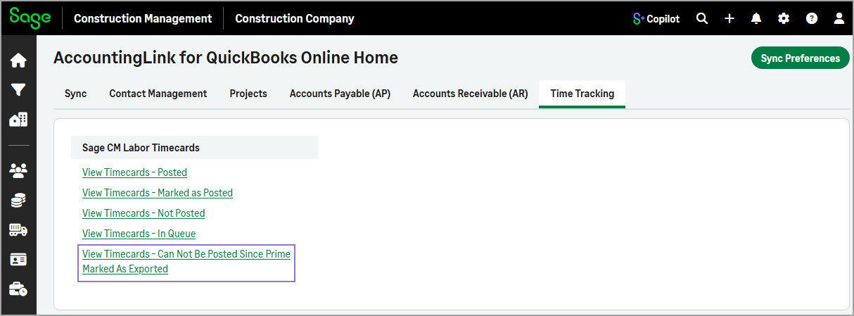 The Time Tracking tab showing the links to view transactions that cannot be posted.