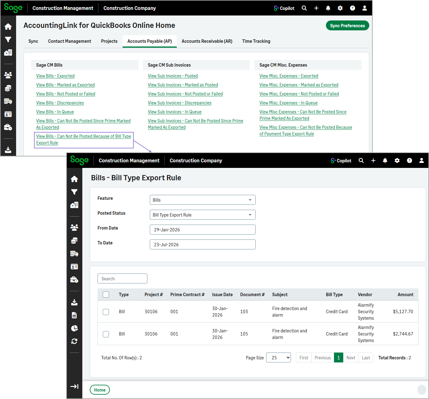Cannot Be Posted page showing transactions that cannot be posted.