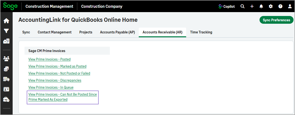 The Accounts Receivable (AR) tab showing the links to view transactions that cannot be posted.