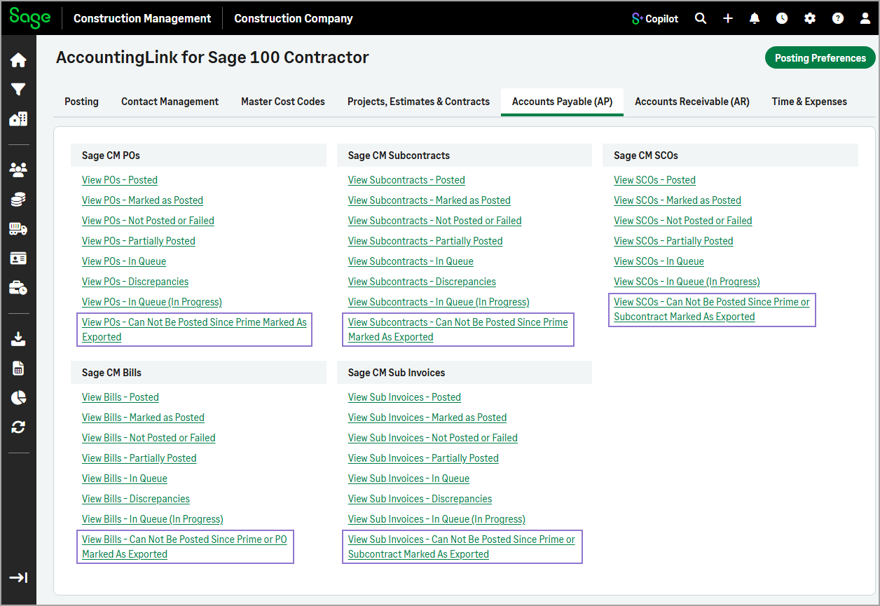 The Accounts Payable (AP) tab showing the links to view transactions that cannot be posted.