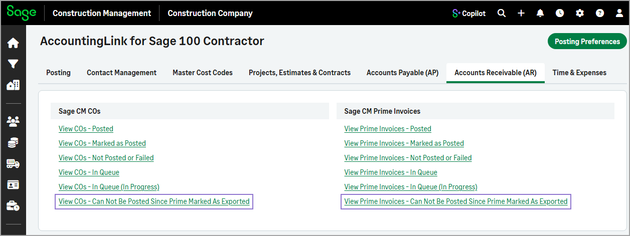 The Accounts Receivable (AR) tab showing the links to view transactions that cannot be posted.