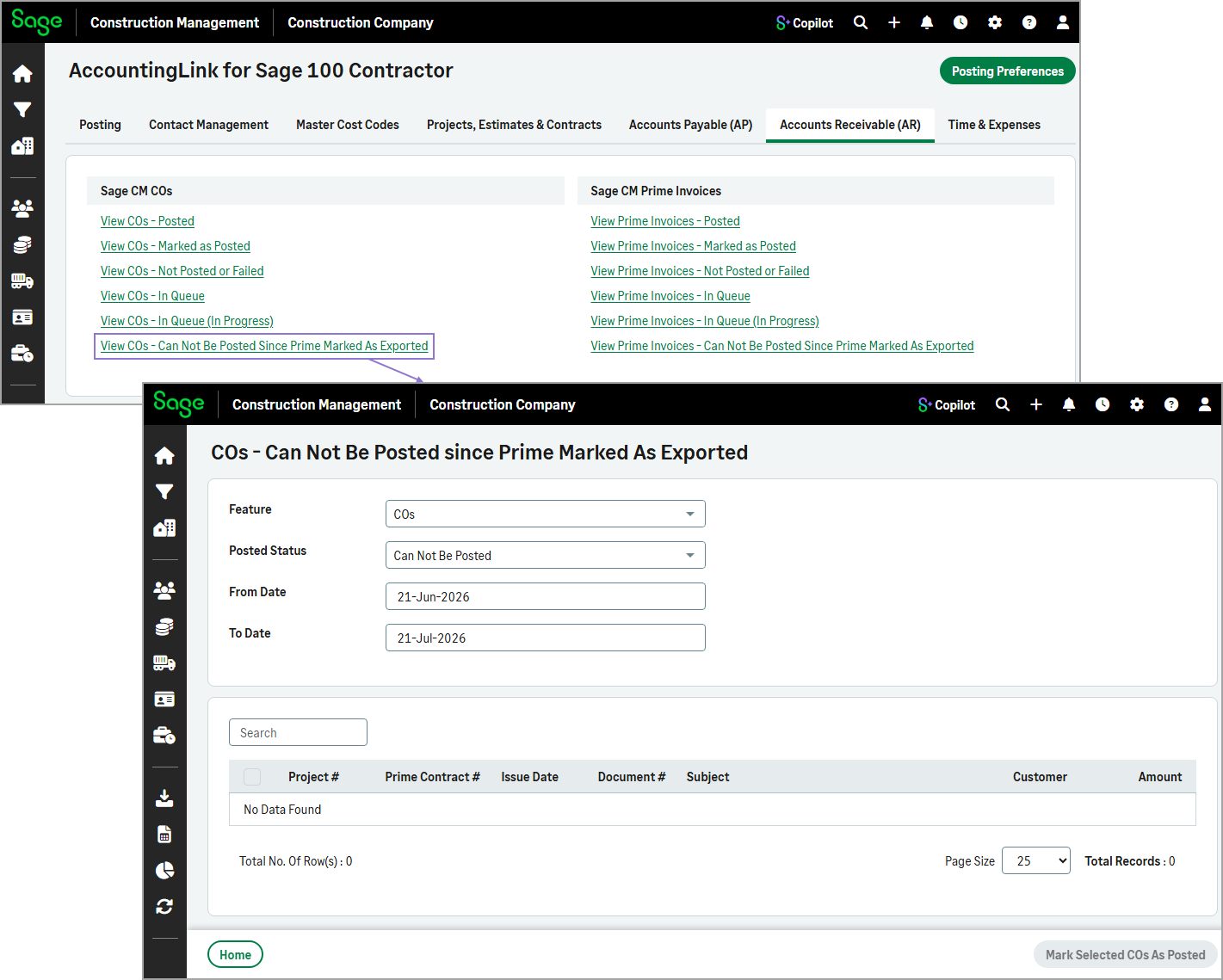 Cannot Be Posted page showing transactions that cannot be posted.