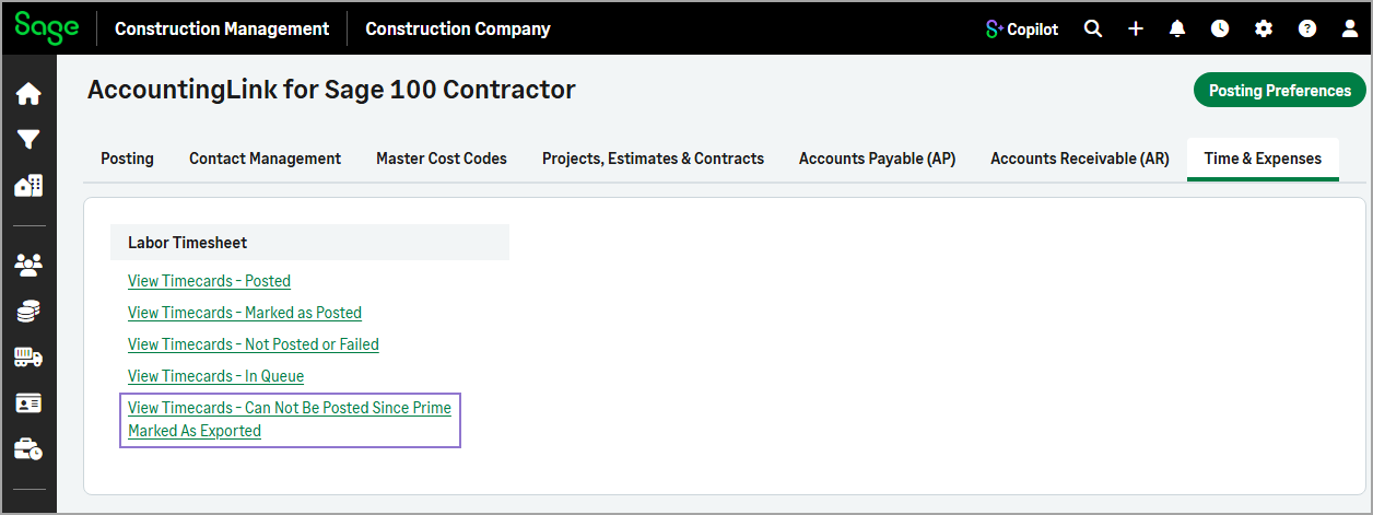 The Time and Expenses tab showing the links to view transactions that cannot be posted.