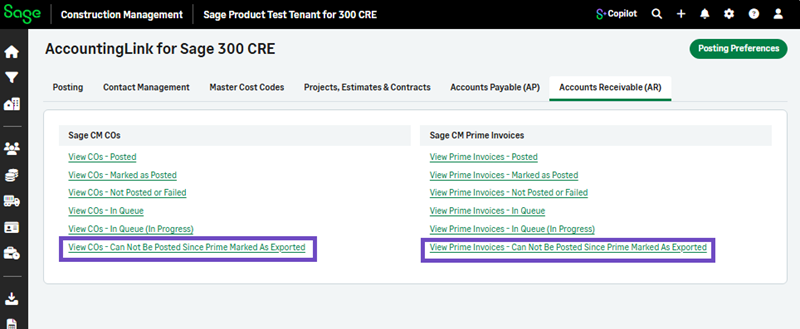The AR tab with all the new links that include the transactions that cannot be posted due to marked as exported.