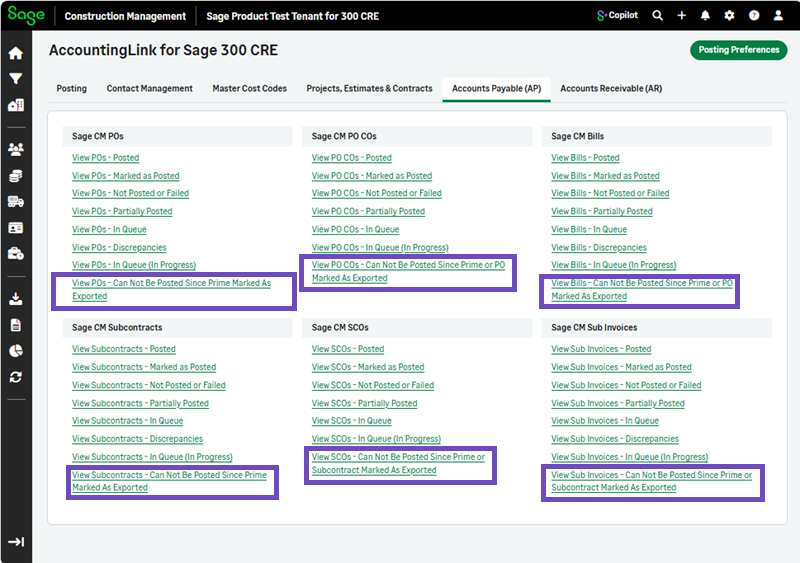 The AP tab with all the new links that include the transactions that cannot be posted due to marked as exported.