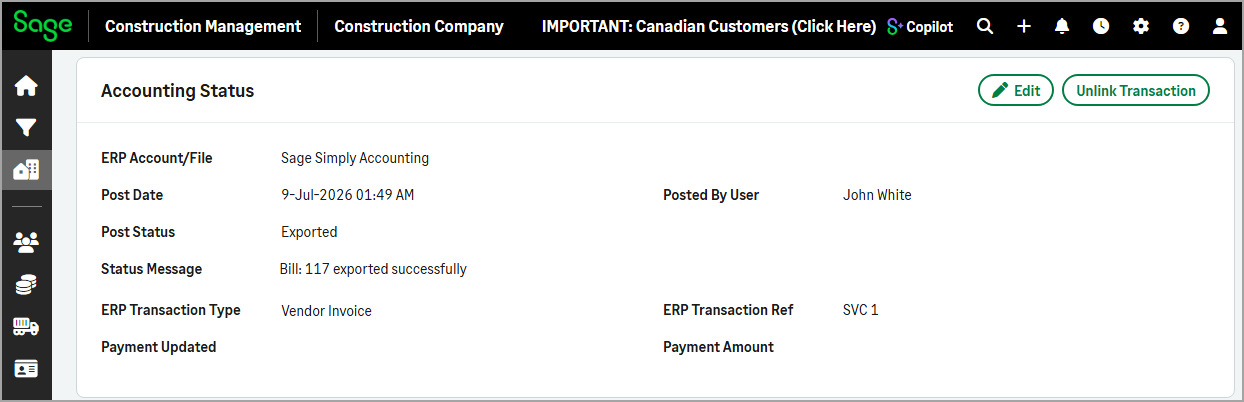 The Accounting Status section of a bill displays posting details, including the ERP Account/File, Post Date, Post Status, and related posting information.