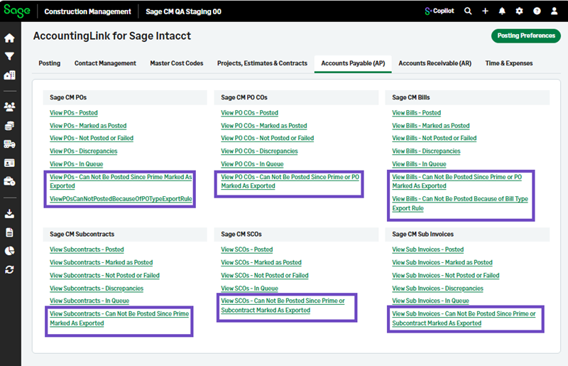 The AP tab with all the new links that include the transactions that cannot be posted due to marked as exported.