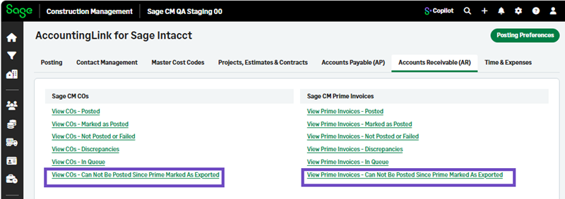 The AR tab with all the new links that include the transactions that cannot be posted due to marked as exported.