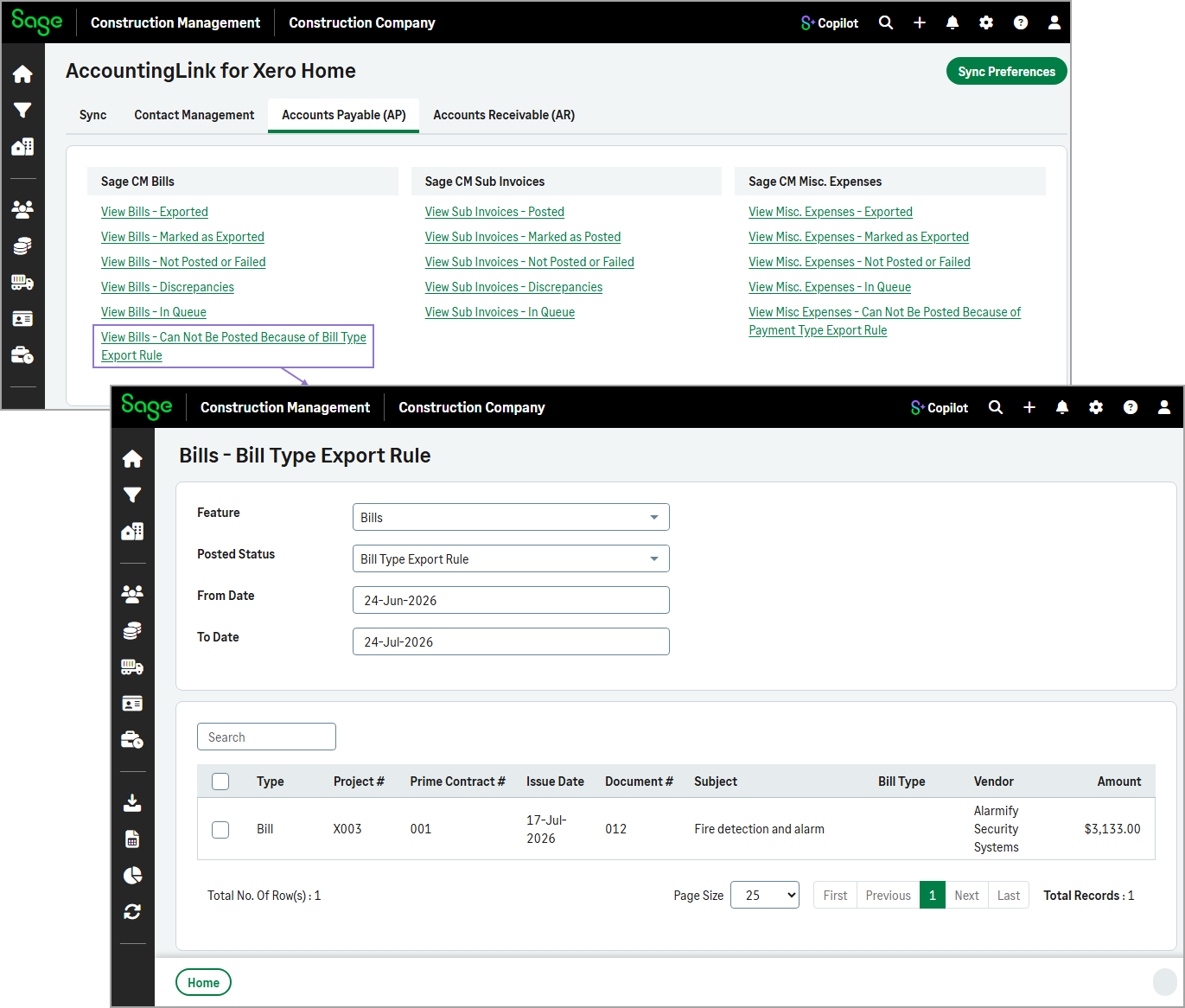 Cannot Be Posted page showing transactions that cannot be posted.