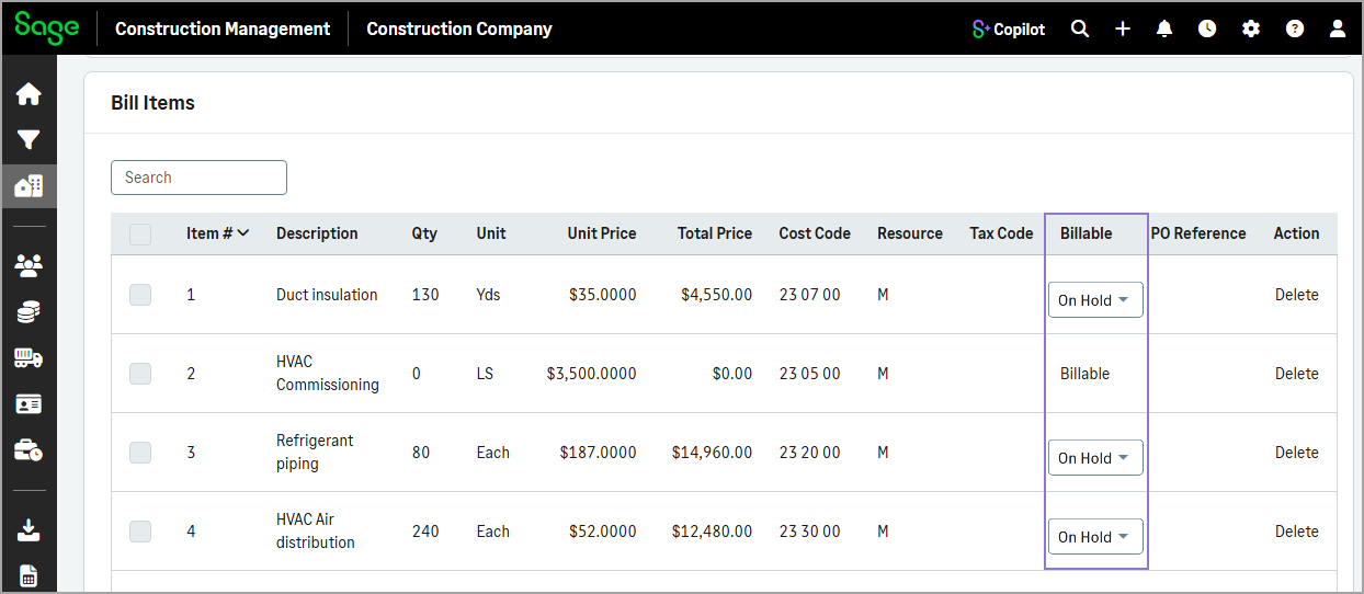 A dropdown is available in the Billable column for line items that are not referenced on a prime invoice.
