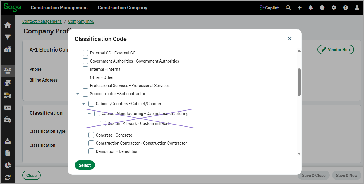 Add company classifications dialog showing the minor and subminor options crossed out to indicate they're no longer available.