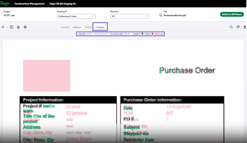 The option to compare and the opacity control to adjust visibility of the changes.