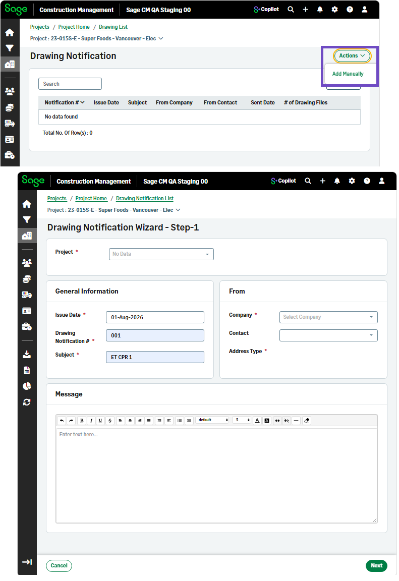 The option to add manually leading to step 1 of the drawing notification wizard.