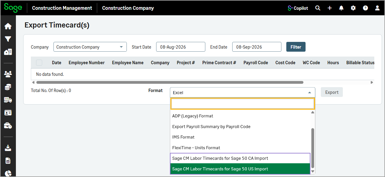 The labor timecard export options for Sage 50.