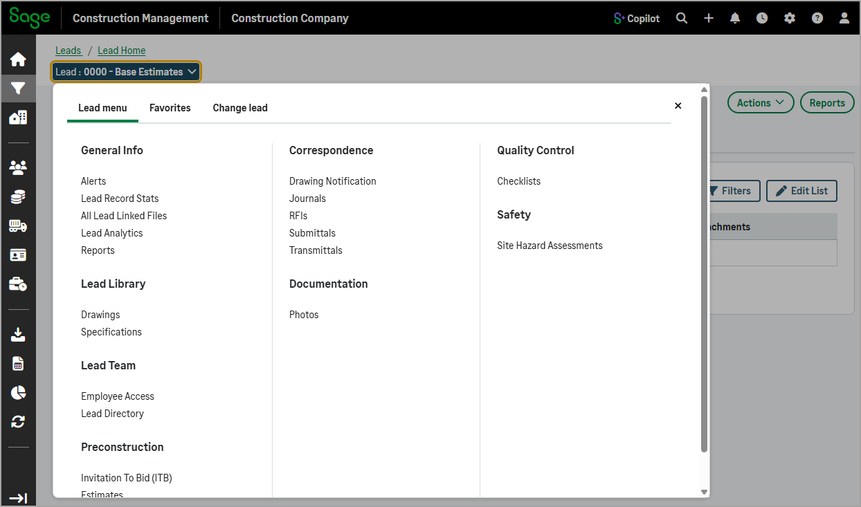 The Lead dropdown with the Lead menu tab selected and the links to all the available lead features.