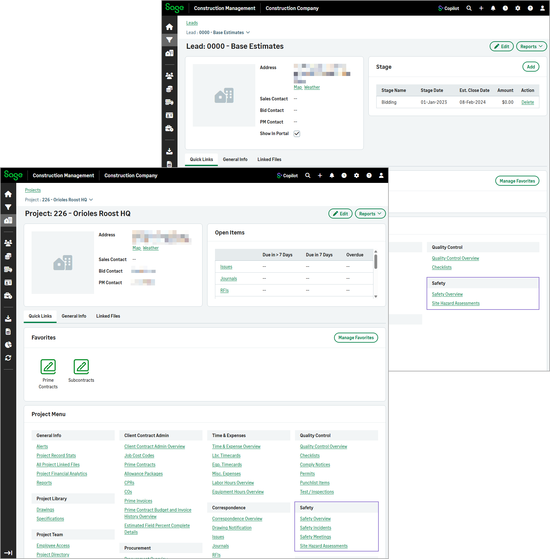 The new Safety sections on the lead and project home pages.
