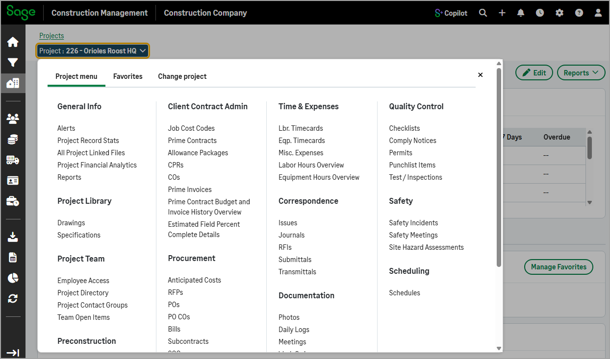 The Project dropdown with the Project menu tab selected and the links to all the available project features.