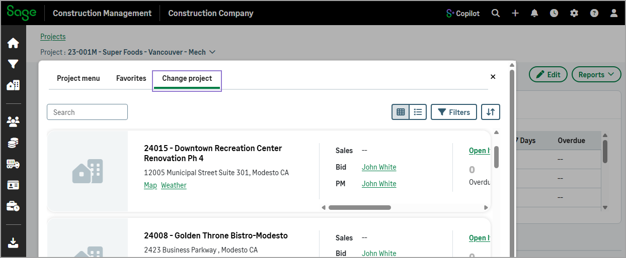 The Project dropdown with the Change project tab selected and the list of available projects.