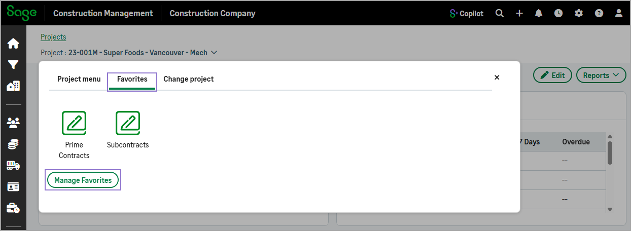 The Project dropdown with the Favorites tab selected, the links to all the favorite features, and the Manage Favorites option to add features to the favorites list.