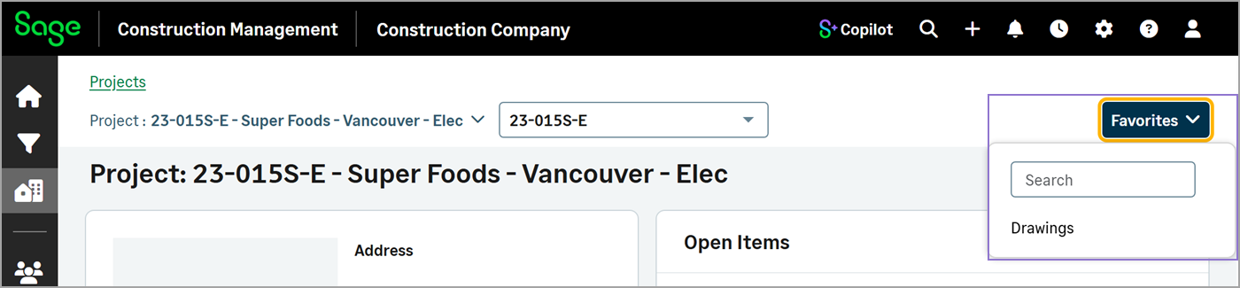 The Favorites dropdown displays the list with the favorite features.