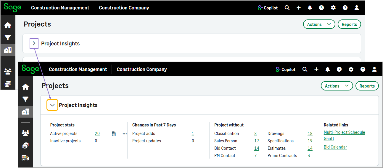 Collapsed Insights section with an expand arrow, showing additional insights displayed after the section is selected.