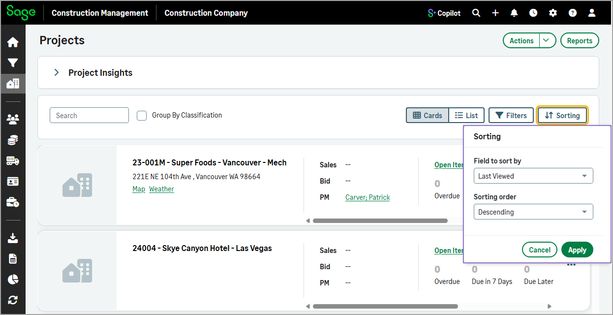 Projects list with the Sorting option selected, showing the active sort order applied to the displayed projects.