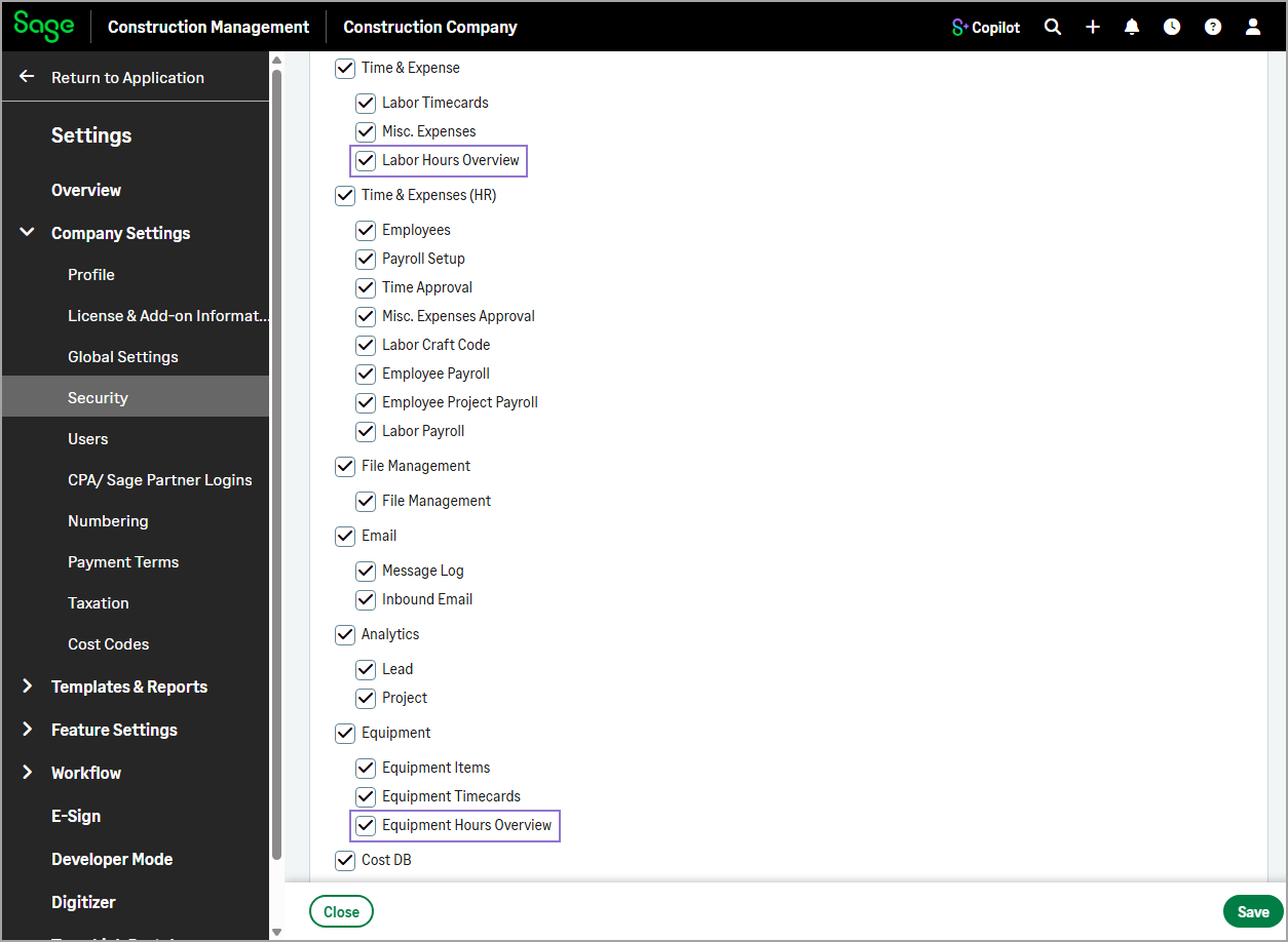 Role settings showing the new Labor Hours Overview and Equipment Hours Overview permission options.