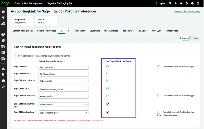 The AP tab including checkboxes to select for each transaction type.