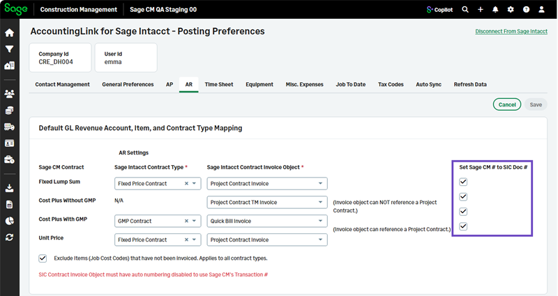 The AP tab including checkboxes to select for each contract type.
